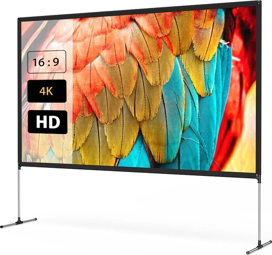Schermo da proiezione da 120 pollici con stand robusto, risoluzione 4K, rapporto 16:9, pieghevole, resistente alle pieghe, installazione facile, schermo da esterno.