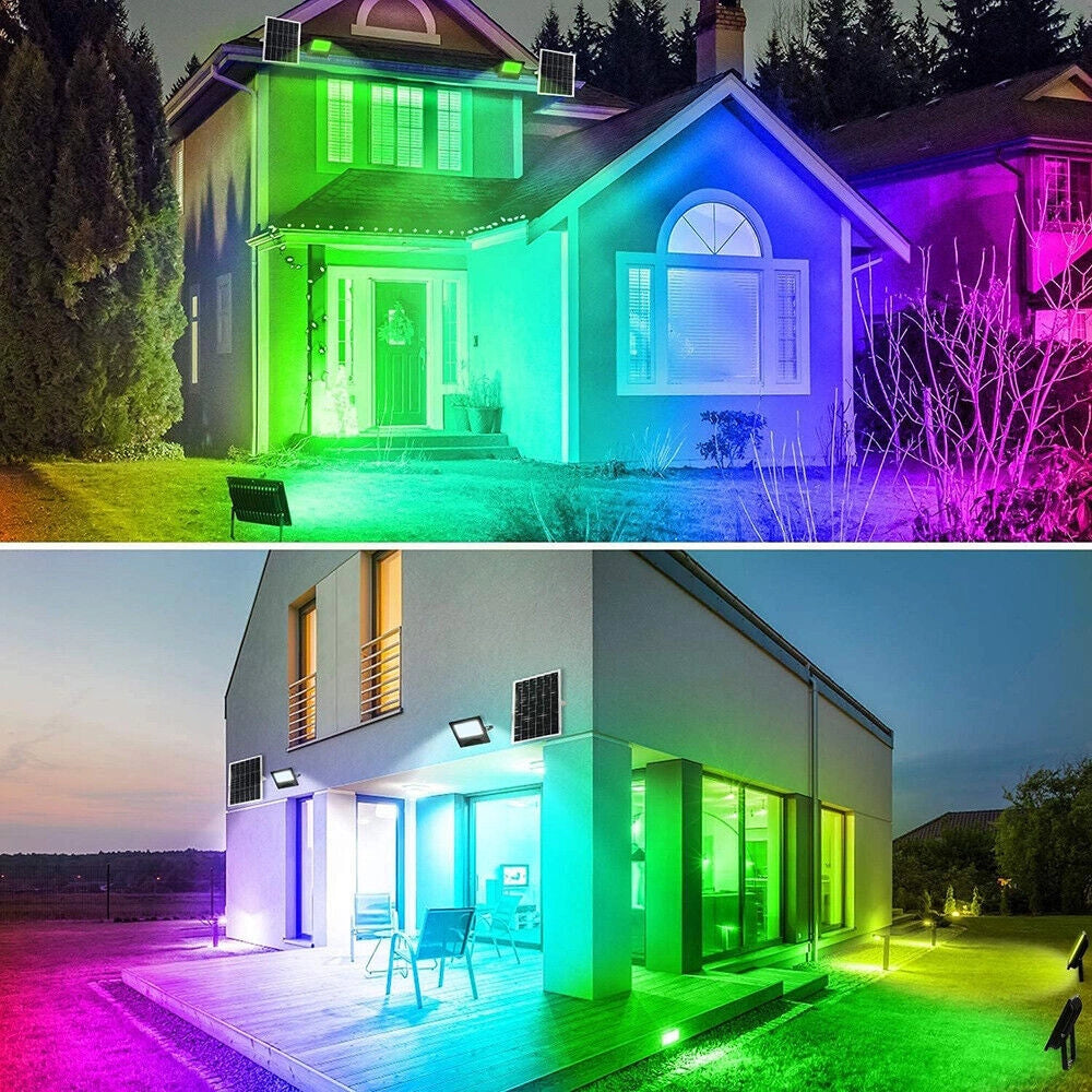Faro Solare RGB 80W con Telecomando, Pannello Solare , 300 Lumen, Modalità Flash/Strobo/Fade/Smooth, Resistente IP65, Illuminazione Esterni Ecologica