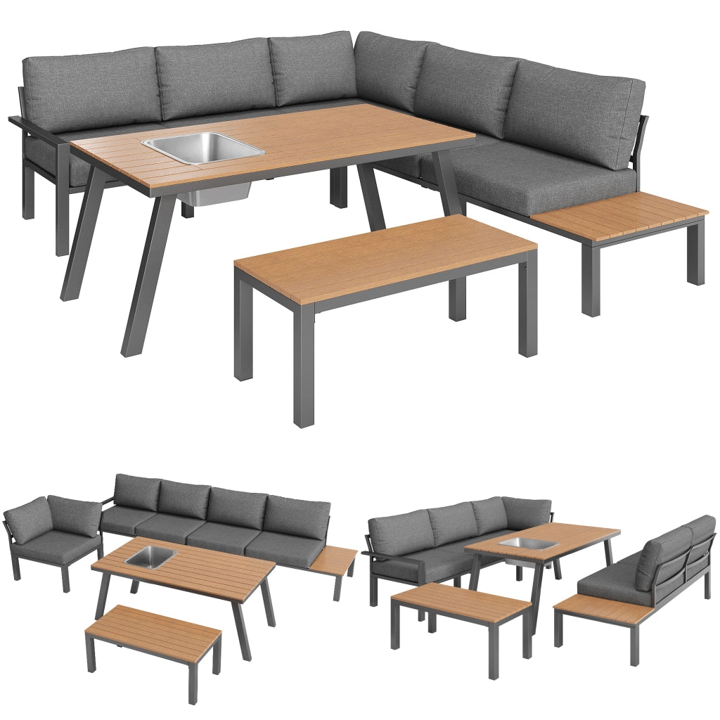 Set salotto giardino 6-7 persone: sedute + set pranzo; ferro zincato; tavolo secchiello ghiaccio; resistente