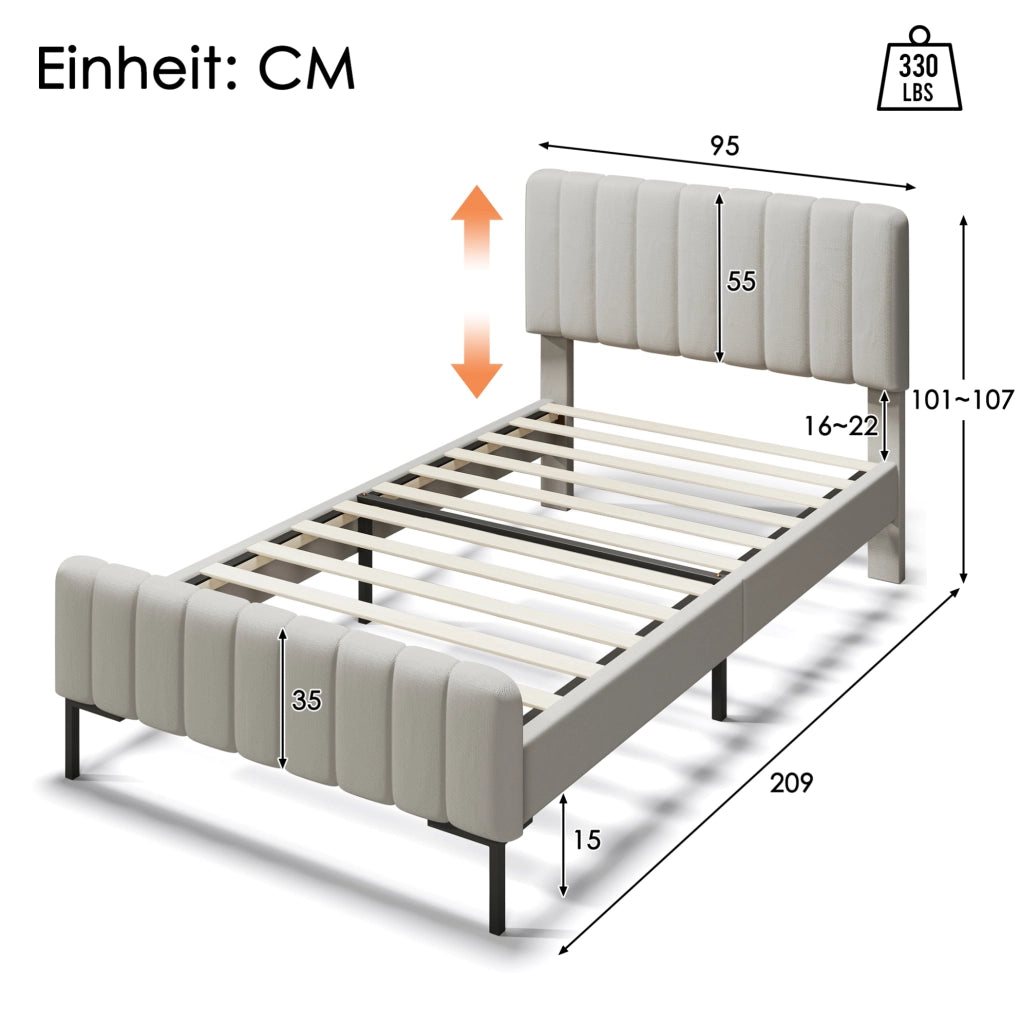 Letto imbottito singolo 90x200 cm con testiera regolabile; lino grigio beige