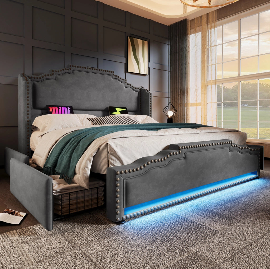 Letto matrimoniale 140x200 cm in velluto grigio con LED; USB Type-C e 4 cassetti; con materasso