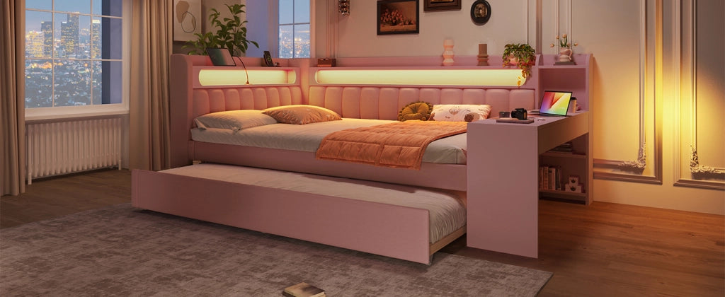 Daybed imbottito con USB, LED, letto estraibile e scrivania, 140x200 cm, rosa