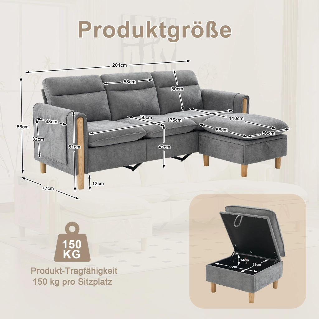 Divano ad angolo modulare con vano contenitore e tasche laterali in chenille grigio chiaro compatto 201 × 77 × 86 cm
