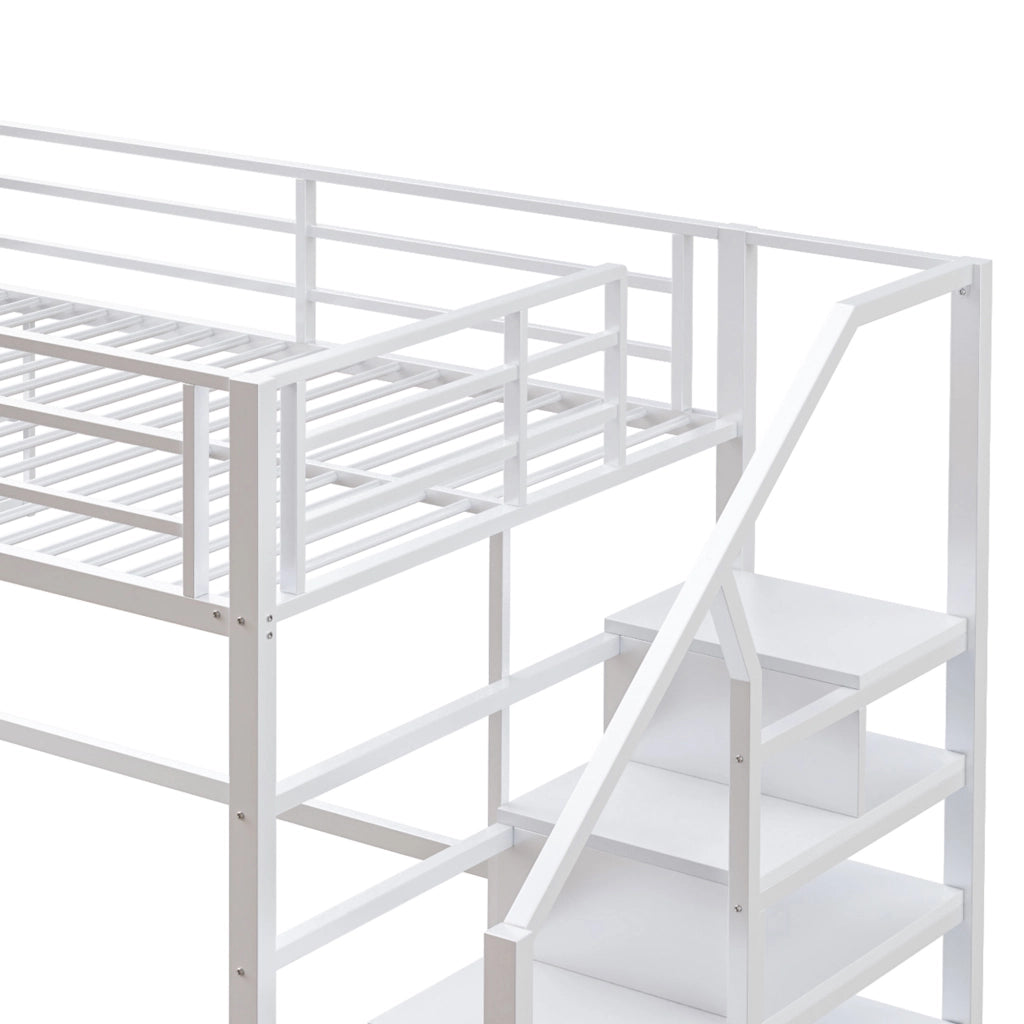 Letto a soppalco Letto Matrimoniale con scaffali; scala contenitore e sponde 140 x 200 cm; senza materasso; Bianco