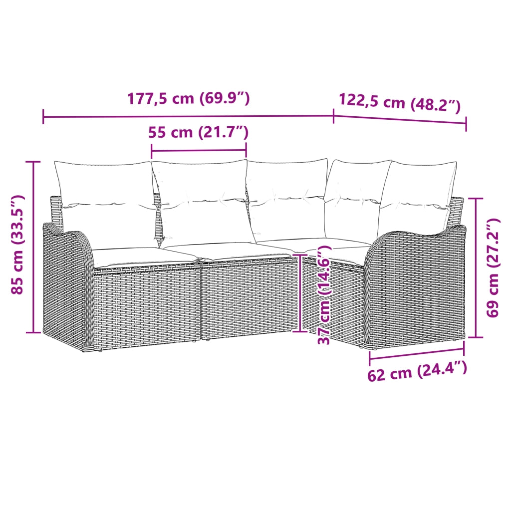 Set di Divani da Giardino a 4 Pezzi con Cuscini in Rattan Polietilene Beige