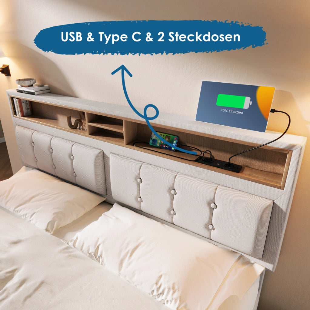Letto imbottito 140x200 cm con 4 cassetti, USB-C, beige