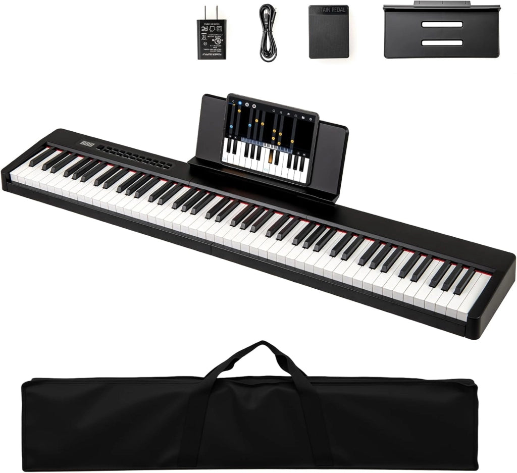 Pianoforte digitale a 88 tasti, tastiera per pianoforte con 380 suoni, 128 ritmi, 88 demo, MIDI, pedale, pianoforte elettrico portatile con supporto per musica, borsa da trasporto (bianco)