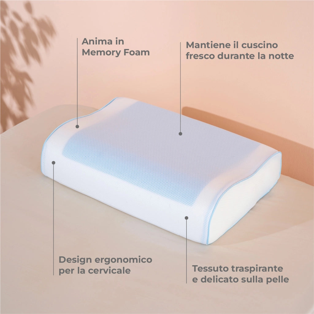 Cuscino Bambini Memory Foam Doppia Onda 45x31 cm (Altezza 10/7 cm) con Gel Rinfrescante Atossico – Supporto Testa e Collo, Traspirante, Federa Sfoderabile Lavabile
