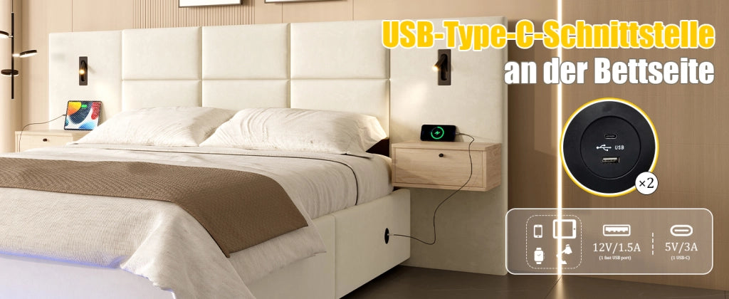Letto contenitore 160 × 200 cm con testiera con cassetti, LED, USB-C et vano idraulico, senza materasso, beige