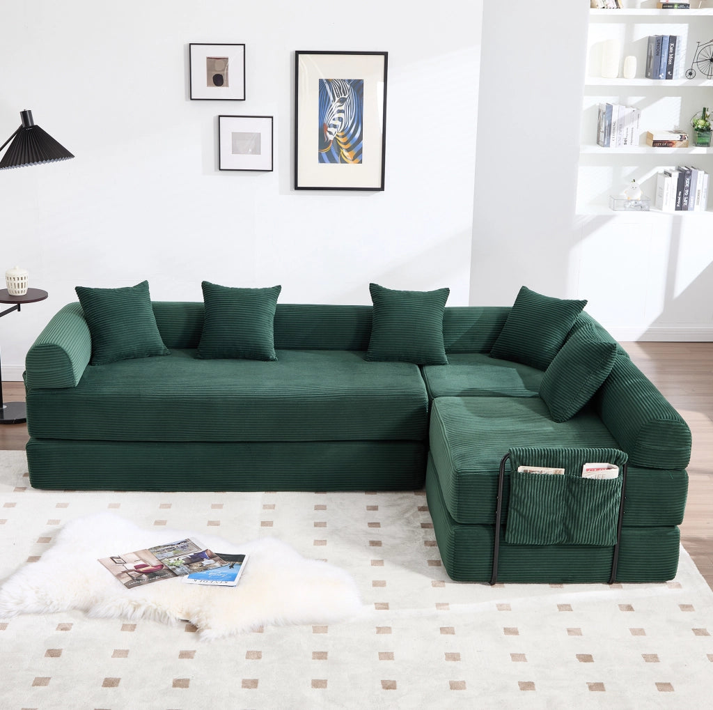 Divano modulare 270x180x64 cm trasformabile in letto; con tasca laterale; corduroy smeraldo