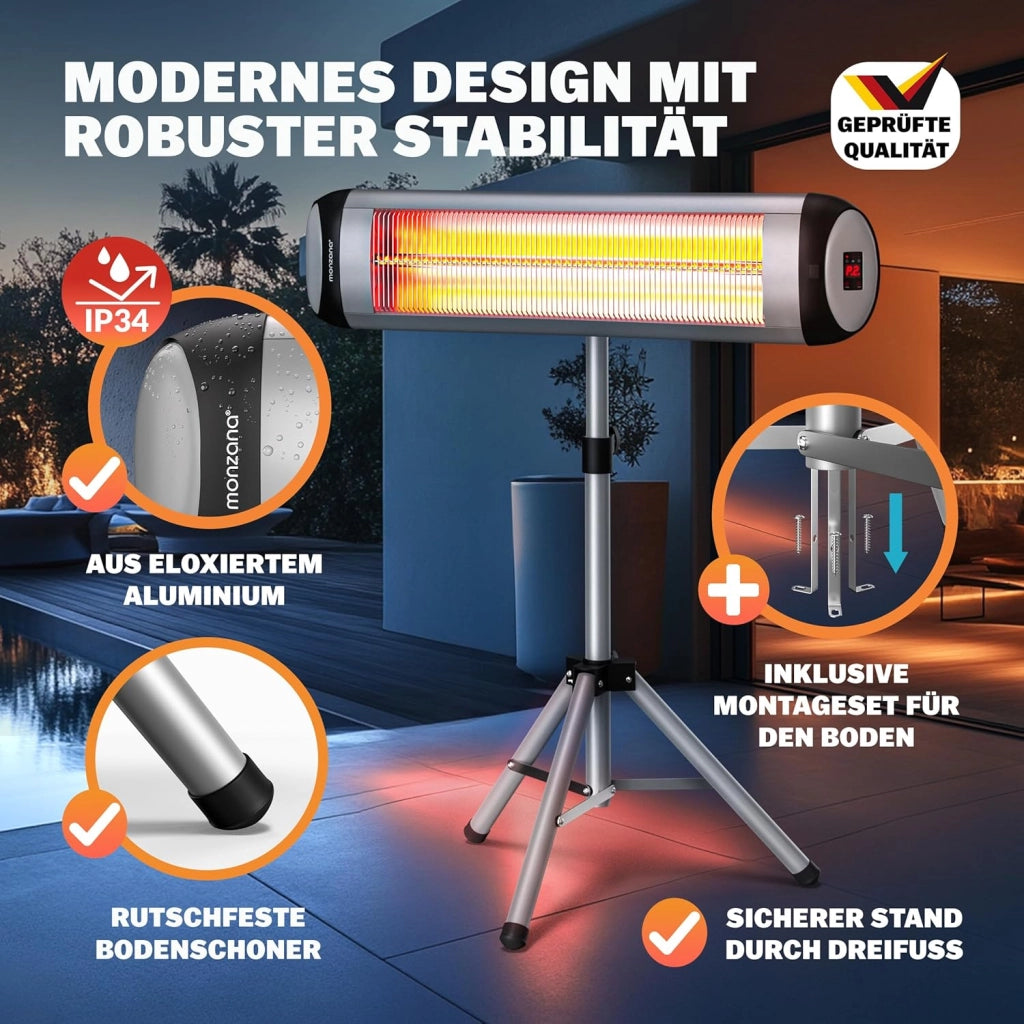 ® Stufa Elettrica a Infrarossi MZH2500 2500W Treppiede 110-175cm Telecomando Timer 24h Riscaldamento Esterno