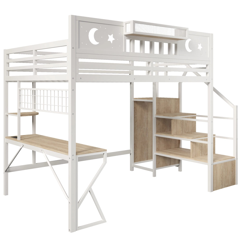 Letto a soppalco 140x200 con scrivania in metallo e MDF; LED; USB e scaffali; bianco