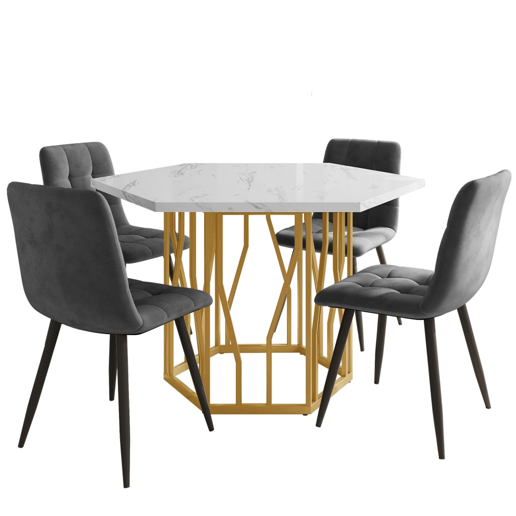 Tavolo da Pranzo Esagonale con 4 Sedie ¨C MINIMAL ¨C Effetto Marmo, Velluto Grigio, Gambe Oro