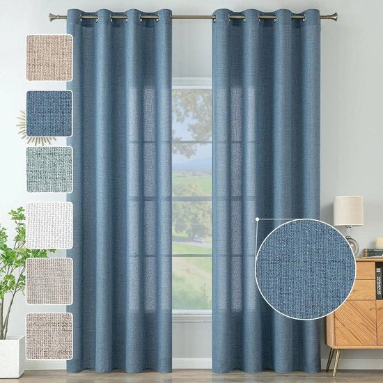 Gordini in lino con effetto lino per soggiorno moderno tenda voile semi-trasparente naturale 2 pezzi 140 x 245 cm blu