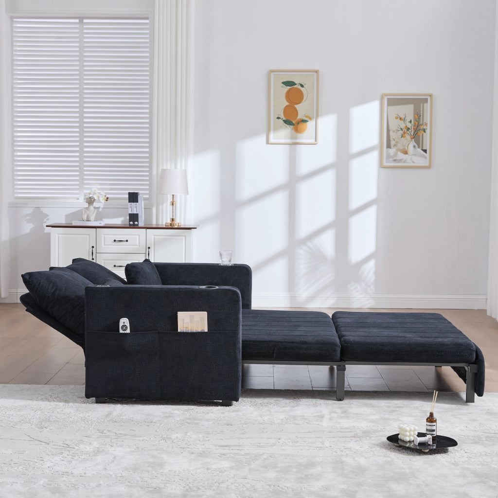 Divano letto convertibile multifunzione con tasche laterali e 4 cuscini, in ciniglia nero per piccoli spazi