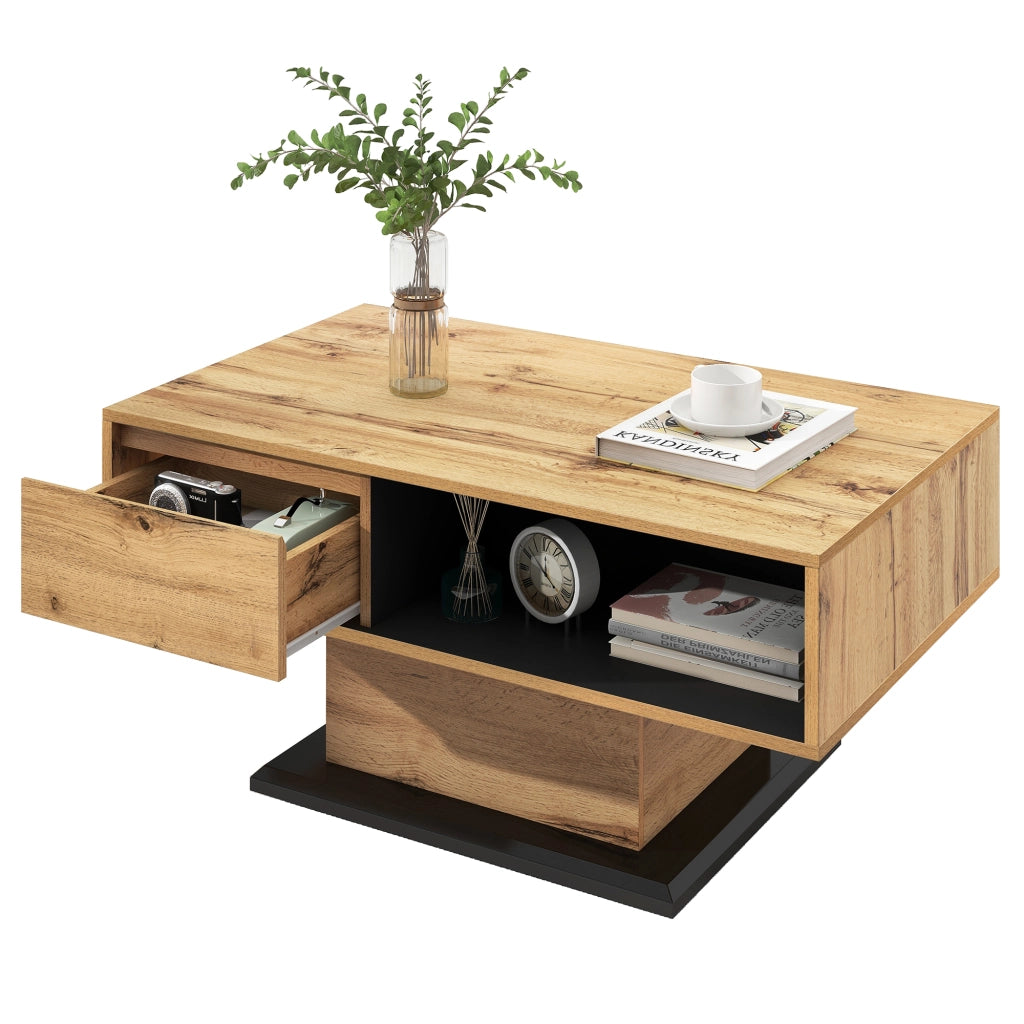 Tavolino da Caffè con 1 Cassetto senza Maniglia e 2 Vani Contenitore; Stile Moderno; in Pannelli; 100×60×47 cm; Naturale