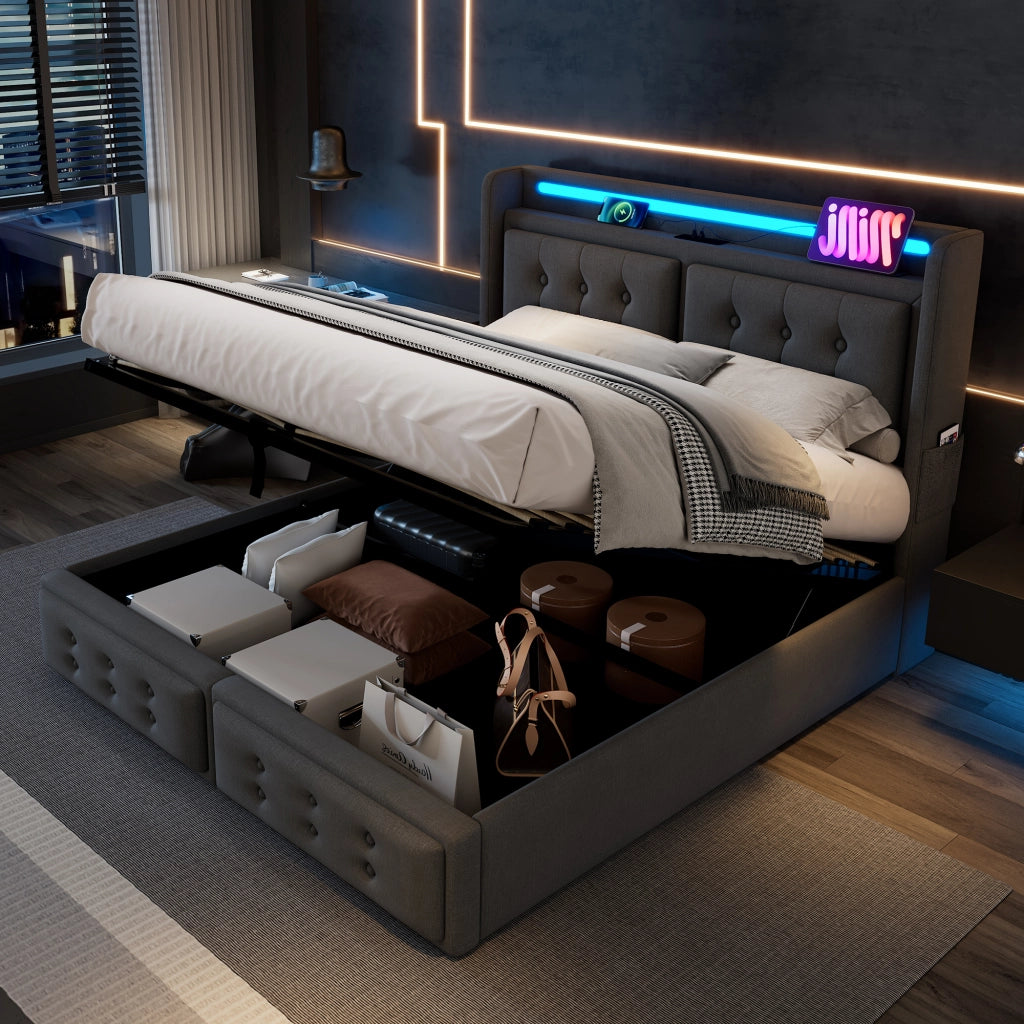 OKWISH Letto Contenitore 180×200 cm, Letto Matrimoniale con LED Regolabile, USB, Tipo C e Prese, senza Materasso, in Tessuto Cotone Lino, Grigio