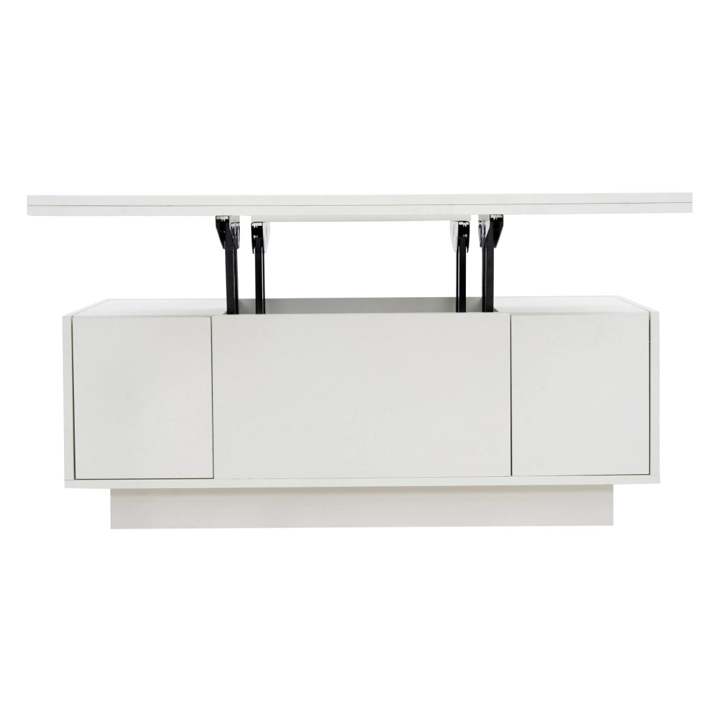 Tavolino da caffè 100x50x43 cm con doppio piano sollevabile; vano nascosto in truciolato bianco