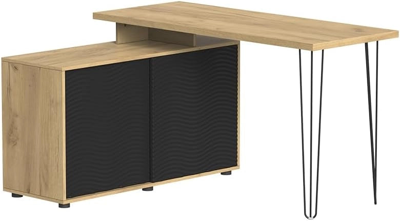 Scrivania angolare Notivo, Nero, 135 x 55 cm con schedario, adatto per ufficio domestico e studio