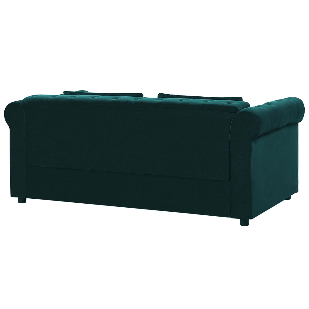 Divano Letto Chesterfield Tessuto Velluto Verde Rivestimento Gambe In Legno Scuro 3 Posti Con Cuscini Materasso Contemporaneo