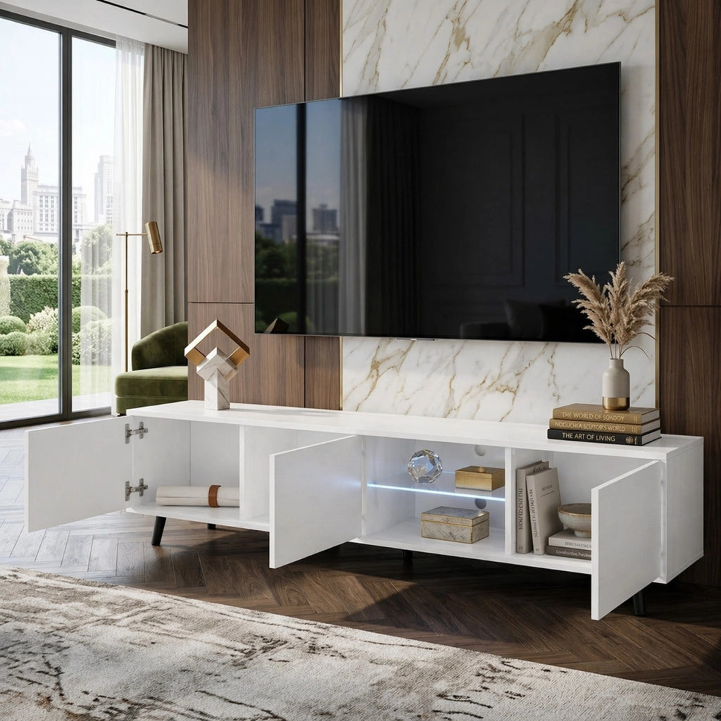 Mobile TV L Con Vano Centrale Ripiano In Vetro E LED 3 Ante Battenti In Melaminico Con Piedini In Metallo Per Soggiorno Salotto Zona Living 175 X 40 X 31.5 Cm Bianco