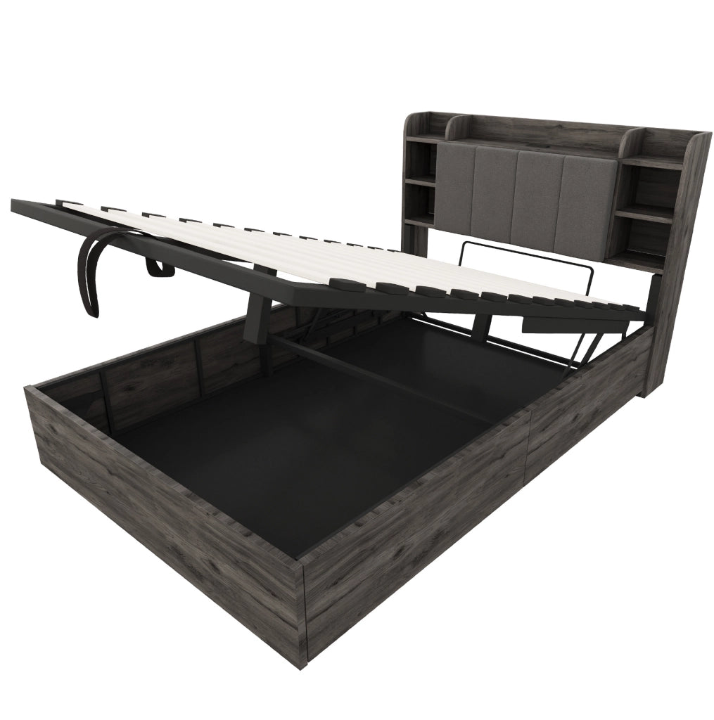 Letto 140x200 cm con contenitore idraulico; USB e vani in MDF grigio