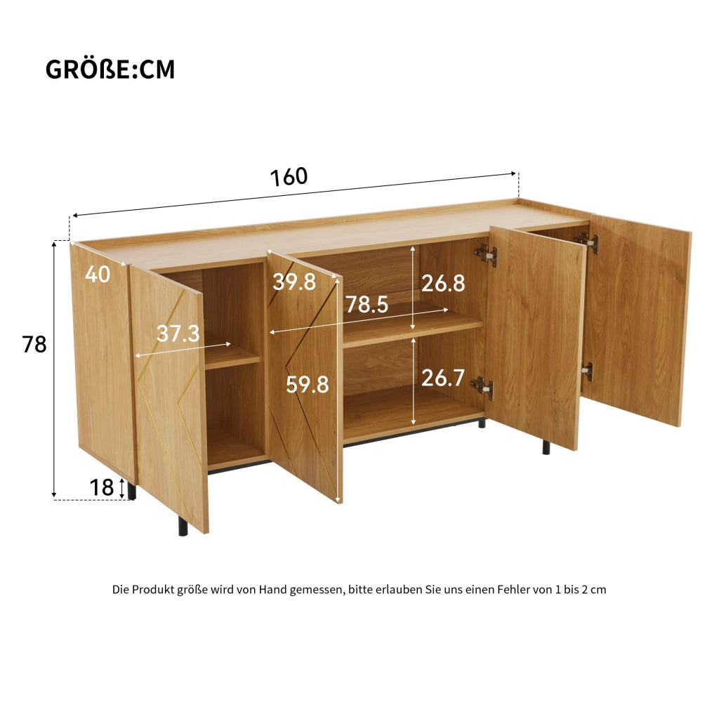 Credenza da soggiorno con 4 ante e inserti metallici, finitura naturale, 160 x 40 x 78 cm