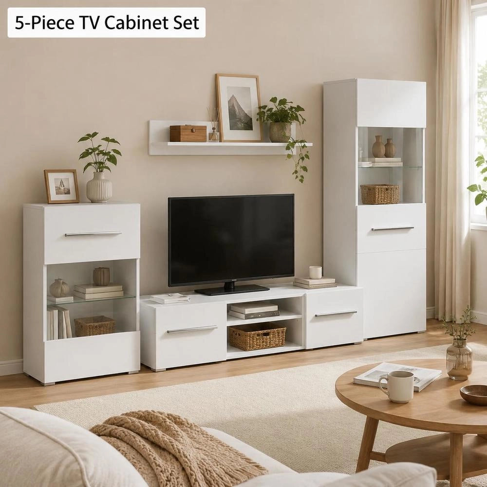 Five-piece Wall Unit TV Cabinet With LED Lighting White