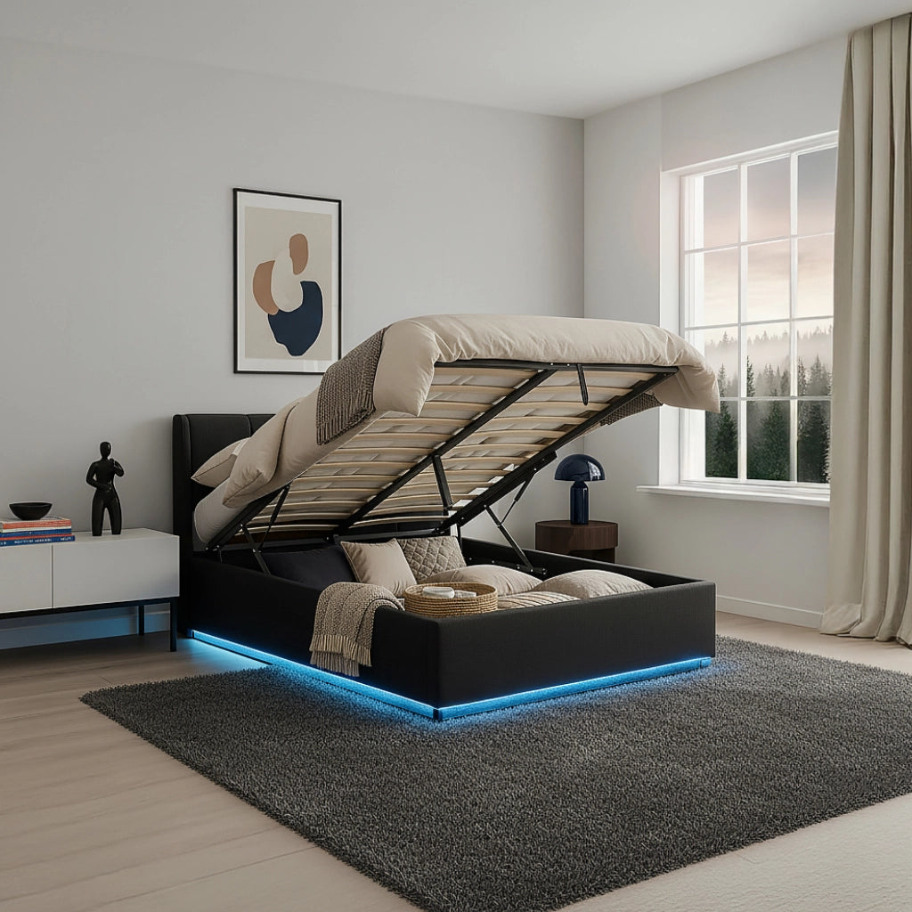 Letto Contenitore Tröstiar con Luce LED Letto Francese con Materasso 140x200 cm Nero [en.casa]