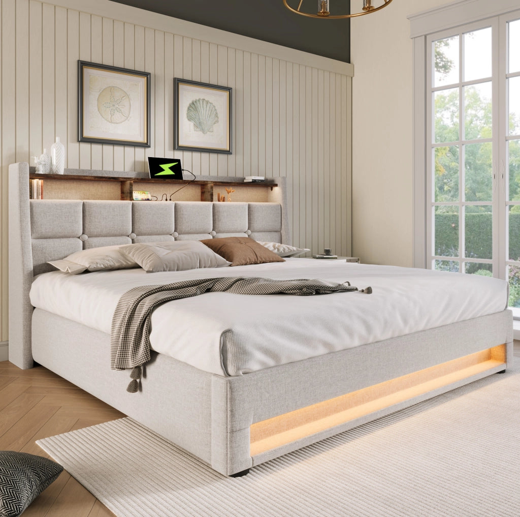 Letto imbottito beige 160x200 cm con LED, USB e contenitore