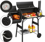Barbecue a carbone con Fumatore, 2-camere Barbecue a ruote, Barbecue a fumò per Carne e Pesce, Nero