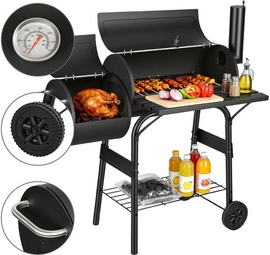 Barbecue a carbone con Fumatore, 2-camere Barbecue a ruote, Barbecue a fumò per Carne e Pesce, Nero