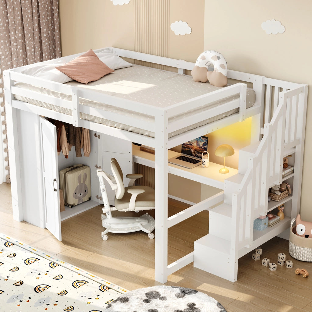 Letto a Soppalco 140x200 cm con Scrivania; Scaffali; Armadio; Scala e LED Bianco