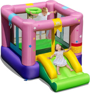 Castello Gonfiabile per Bambini, Castello con Trampolino, Scivolo e Canestro da Basket, Casa Gonfiabile Senza Ventilatore per Feste di Compleanno e Matrimonio, 240 x 174 x 143 cm