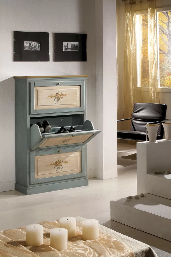 scarpiera 3 ante in legno massello azzurro/ocra l.80 x p.30 h.130 (1218) - Mobili 2G