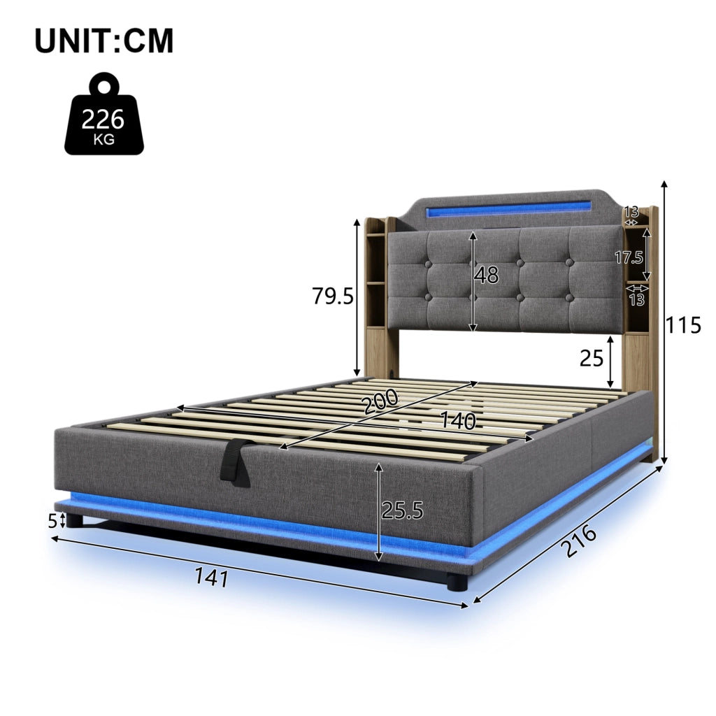 Letto matrimoniale imbottito 140x200 cm in lino grigio con LED; contenitore; USB e Type-C