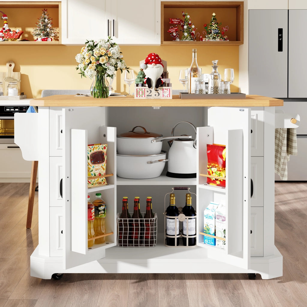 OKWISH Carrello da Cucina con 2 Ante e 6 Cassetti, 5 Ruote con 2 Freni, per Cucina, Bianco, 120×45×91 cm