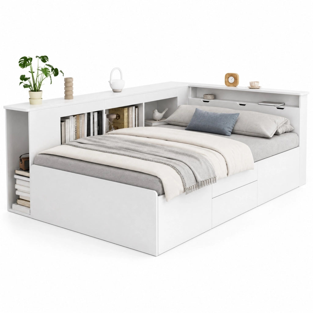 Letto per bambini 90x200 cm in MDF con 4 cassetti; librerie e spazio contenitore; bianco