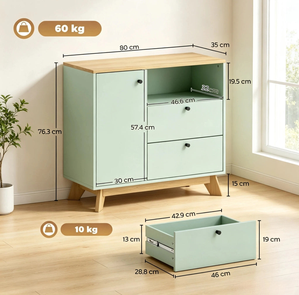 Credenza verde chiaro e rovere con 2 cassetti