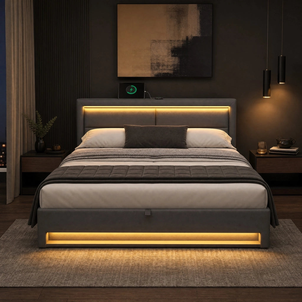 Letto imbottito 160x200 cm in PU grigio con USB; LED e contenitore