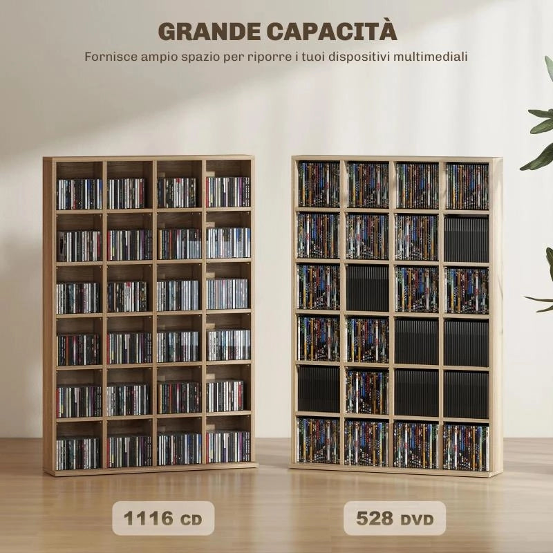 MOBILE PORTA CD CON RIPIANI REGOLABILI PER 456 CD O 336 DVD, 24 SCOMPARTI, 89X20X130.5 CM, LEGNO