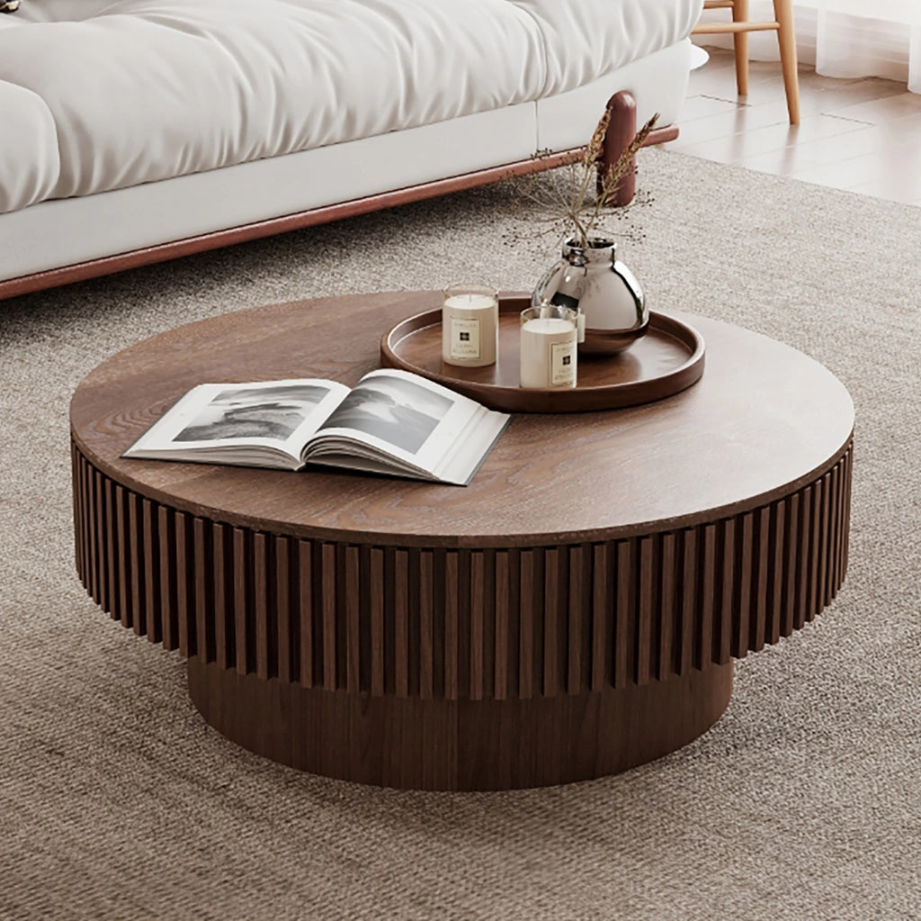 Tavolino rotondo contenitore effetto noce in MDF