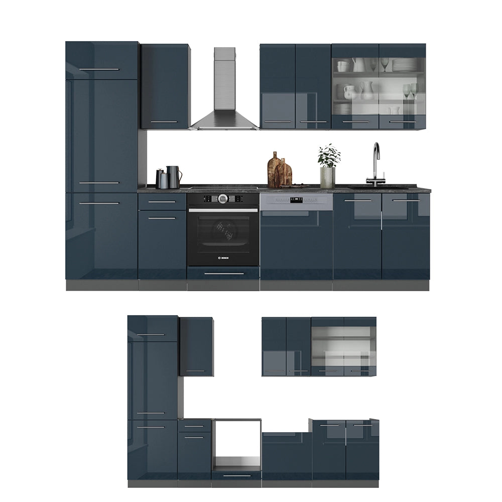 Cucina componibile Fame-Line Blu scuro lucido/Antracite 300 cm, PL Marmo Vicco