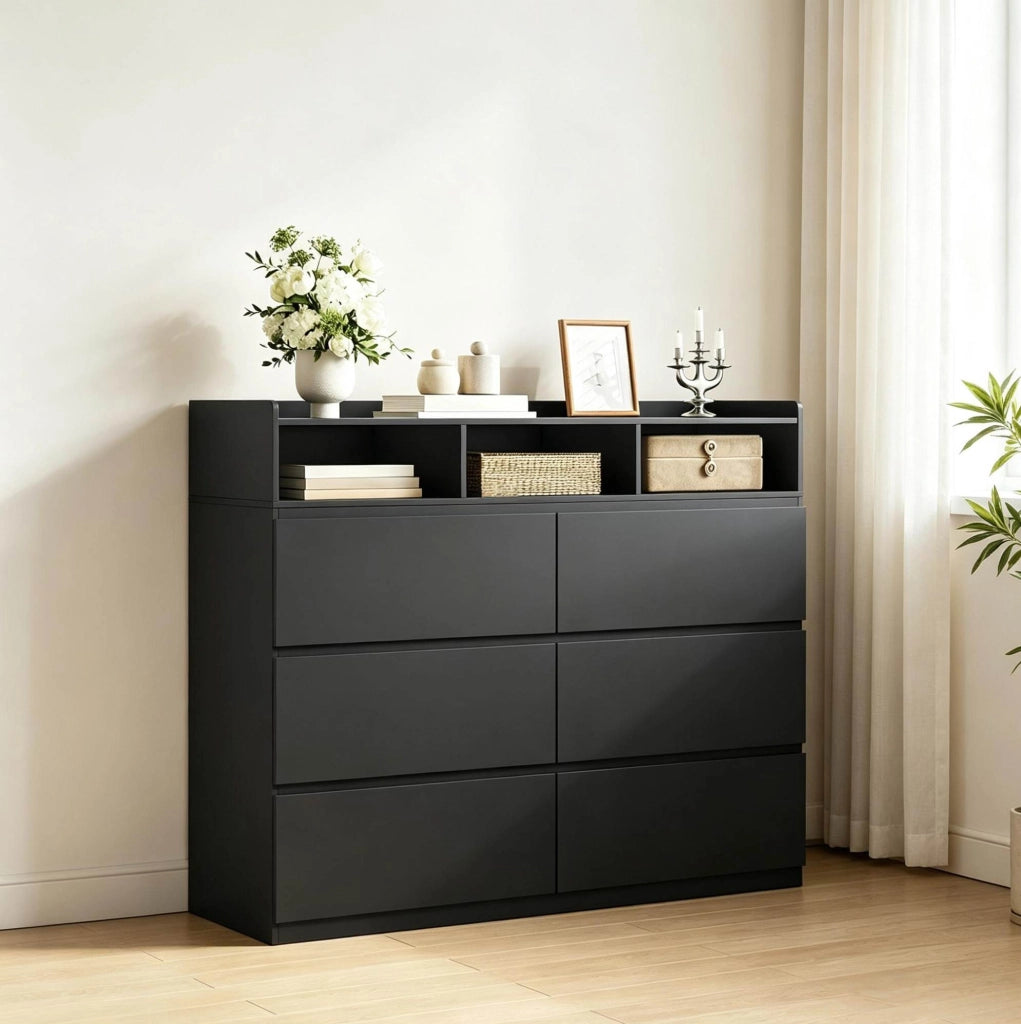 Cassettiera moderna nera con 6 cassetti e 3 vani aperti 120x40x100 cm in pannello E1