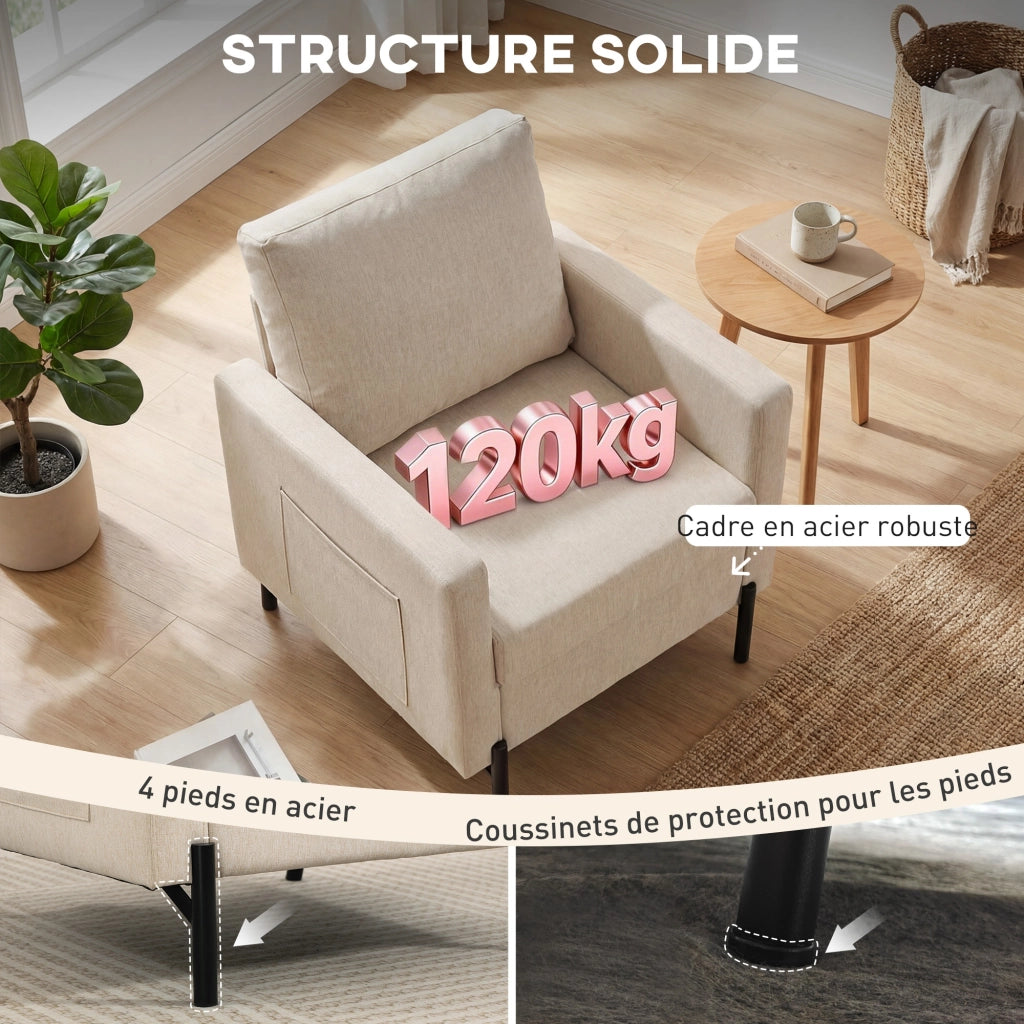 Poltrona imbottita ¨C Xylo ¨C tessuto beige con braccioli e gambe in metallo 73x77x87 cm