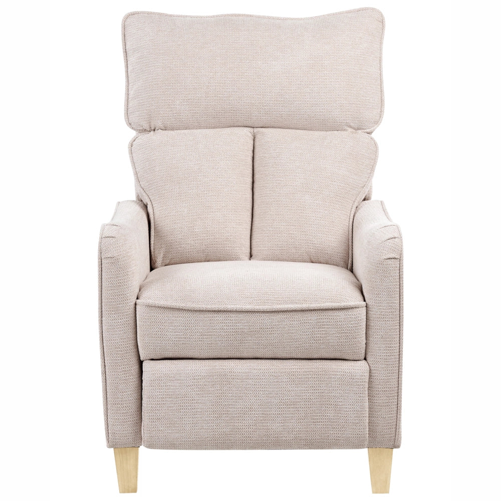 Poltrona reclinabile in tessuto beige con schienale regolabile e poggiapiedi estraibile in stile vintage
