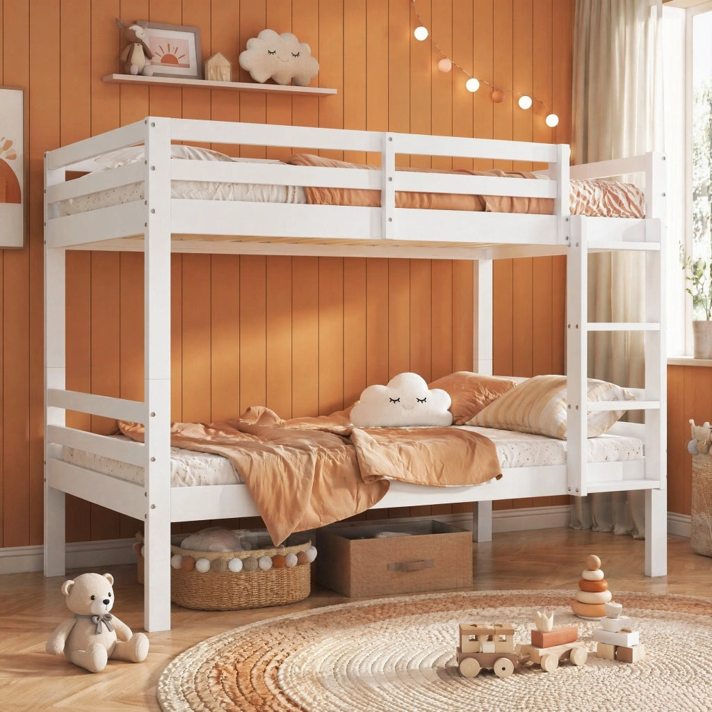Lettino a castello per bambini in legno di pino, 2 letti singoli separabili, bianco, 90x200 cm