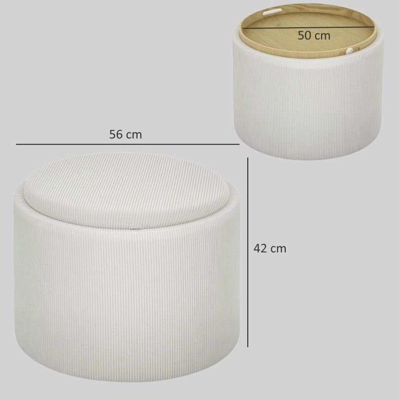Pouf contenitore rotondo con vassoio reversibile, crema, Ø56 cm