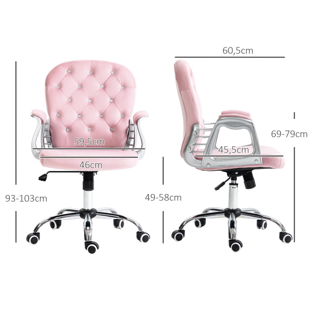 Sedia da Ufficio in Velluto con Braccioli e Schienale ¨C zephmum ¨C Rosa 59.5x60.5x93-103 cm
