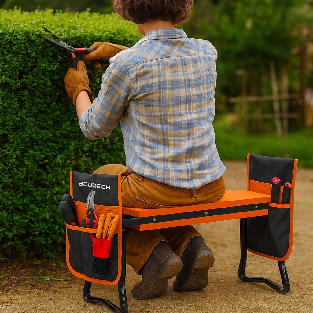 Ergogard - Sgabello Inginocchiatoio Multifunzione 2 in 1 per Giardinaggio con Borsa Portautensili Nero e Arancio